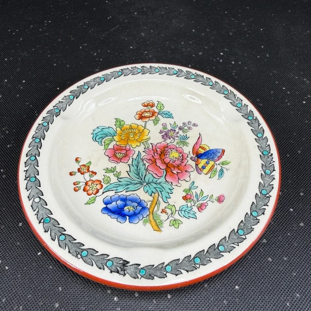 Copeland Late Spode Ashtray Floral Butterfly England Vintage 5 Inch Cream Red